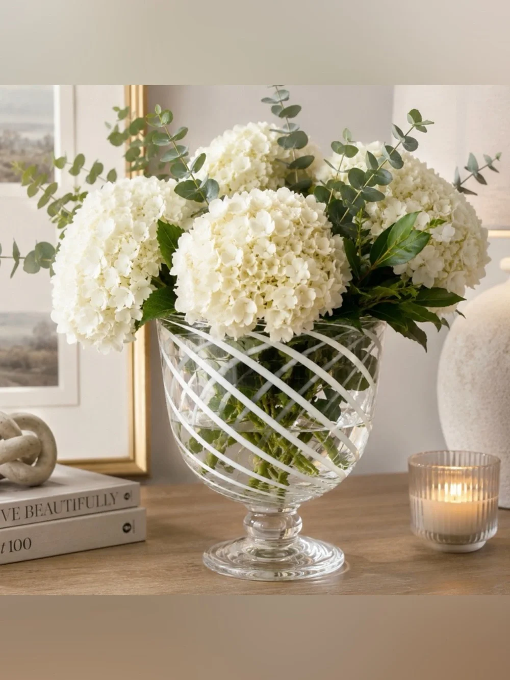 Hand-Blown White Swirl Italian Glass Pedestal Vase